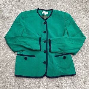 Talbots Vintage Blazer Jacket womens 2P Green Blue Button Down Collarless Padded